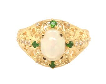 Ethiopian Opal Engagement Ring, Chrome Diopside Halo Ring, 925 Sterling Silver Ring, October Birthstone Jewelry, Unique Promise Ring for Her