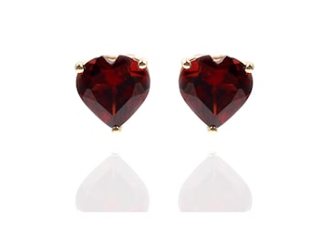 Heart Shape Garnet Stud Earrings, 7mm Red Garnet Solitaire Studs, 925 Sterling Silver Push Back Earrings, January Birthstone Gift for Her