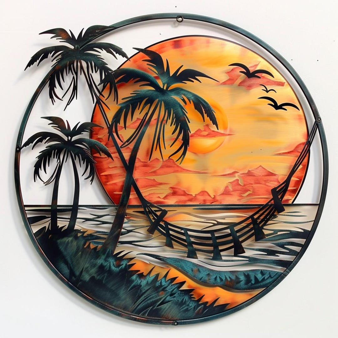 Tropical Sunset Beach Metal Wall Art Palm Tree Ocean Coastal Home Decor ...