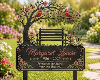 Personalized Memorial Garden Sign, Cardinal Bench Metal Stake, Custom In Memory Plaque, Remembrance Gift, Sympathy Yard Decor for Loved One