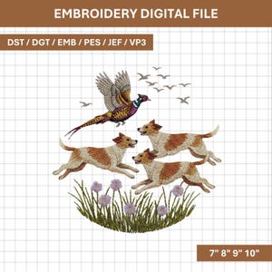 May include: An embroidery digital file featuring a pheasant in flight above three dogs, with a flock of birds in the background. The design includes grass, flowers, and the text "EMBROIDERY DIGITAL FILE". The design is available in sizes 7", 8", 9", and 10".