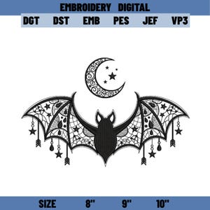 May include: A black embroidery design of a bat with a crescent moon and stars. The design includes the text "EMBROIDERY DIGITAL" and size options of 20 cm, 23 cm, and 25 cm.