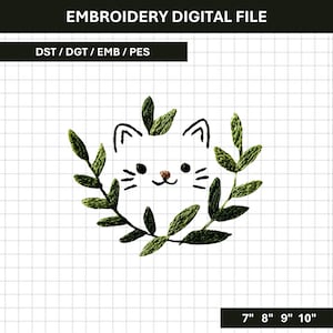 Könnte beinhalten: Eine digitale Stickdatei mit einem Katzengesicht-Design, umgeben von grünen Blättern. Das Design enthält den Text "EMBROIDERY DIGITAL FILE" und "DST / DGT / EMB / PES". Das Bild enthält auch Maße von 17.78cm, 20.32cm, 22.86cm und 25.4cm.