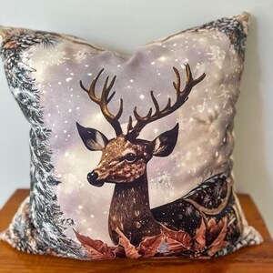 Winter Reindeer Throw Pillow Cover, Rustic Christmas Cushion Cover, Holiday Throw Pillow Cover, Farmhouse Pillow Case, Christmas Home Decor
