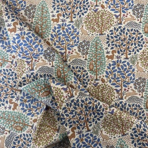 May include: A patterned fabric featuring a woodland scene with trees, squirrels, rabbits, owls, and birds. The trees have blue and green foliage and brown trunks, set against an off-white backdrop.