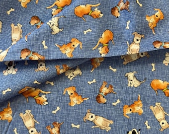 May include: Blue fabric featuring a repeating pattern of cartoon dogs in different poses, such as sitting, lying down, and standing. The dogs are mainly brown and white, some with collars. White bone shapes are scattered throughout the design.