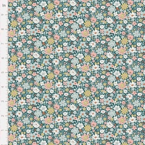 May include: A fabric featuring a dense floral pattern with small flowers in shades of pink, light blue, white, and yellow on a dark teal background. A vertical ruler on the left side shows measurements in inches, spanning from 1 to 9 inches.