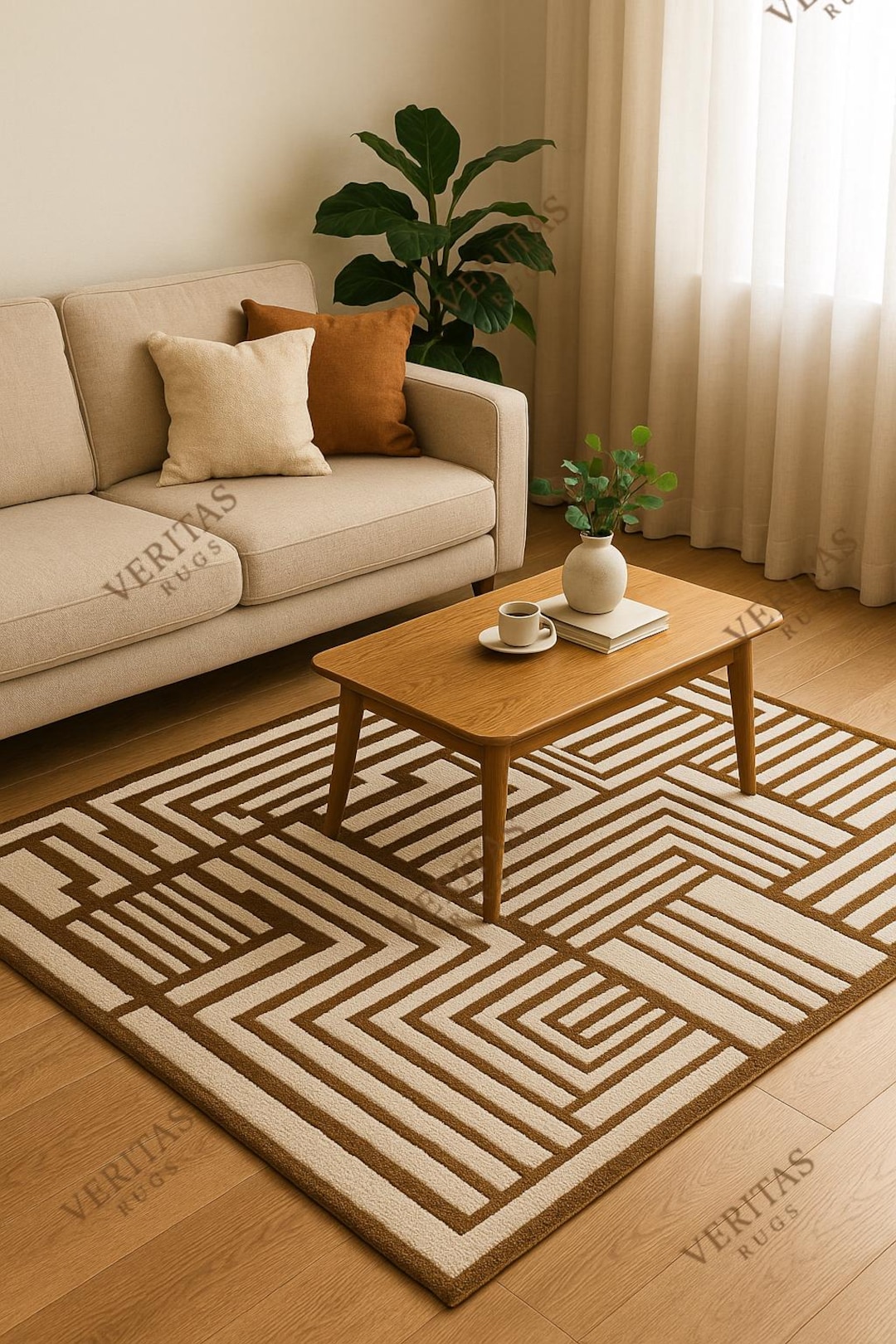 Brown and Cream Geometric Tufted Wool...
