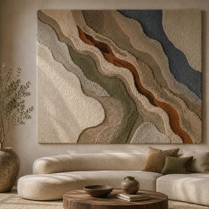Earth Tone Abstract Wall Rug | Textured Tufted Fiber Art | Wool India
