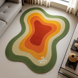 Modern Retro Hand-Tufted Wool Rug – Wavy Multicolor Abstract Area Carpet for Living Room | Groovy Boho Chic Home Decor