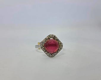 Sterling Silver Lab-Grown Ruby Ring with CZ Halo