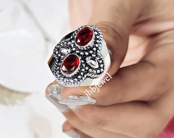 Handmade Red Garnet Sterling Silver Ring Handmade Oval Gemstone Women Jewelry