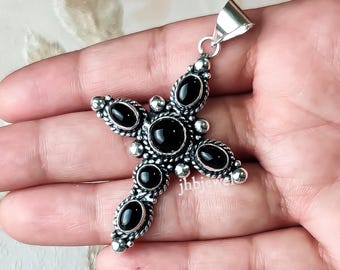 Handmade Black Onyx Sterling Silver Cross Pendant- December Birthstone