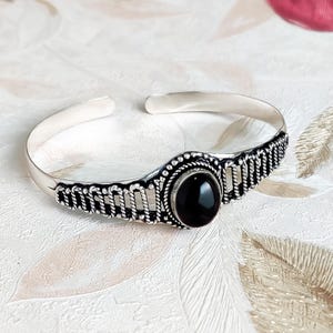 Natural Black Onyx Bangle, Handmade Designer Onyx Bangle For Women, Silver Cuff Bracelet, Oval Gemstone Bangle, Gift For Her, Christmas Gift