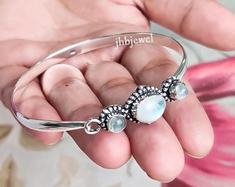 Brazalete de plata de ley con piedra lunar arcoíris, brazalete de piedras preciosas hecho a mano