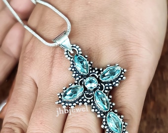 Handgemachte 925 Sterling Silber Aquamarin Kreuz Anhänger Halskette Für Unisex