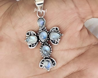 Rainbow Moonstone Cross Pendant 925 Silver Necklace