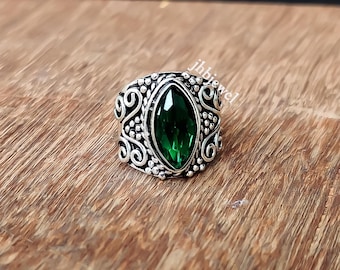 Handmade Diopside Sterling Silver Ring, Marquise Gemstone Jewelry