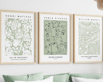 Set of 3 Sage Green Matisse Picasso Morris Prints, Gallery Wall Art