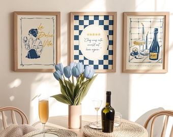 Set of 3: Navy Kitchen Prints, Dolce Vita Trendy Kitchen Wall Art, Modern Dining Room Decor, Chef Was Cute Poster, Neutral Apartment Prints