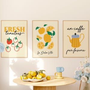 Set van 3 keukenafdrukken, tomaten, citroenen, koffieposter, eetkamerdecoratie