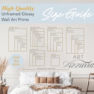 May include: A size guide for unframed glossy wall art prints. The guide shows various aspect ratios and sizes, including 61 x 76.2 cm, 40.6 x 50.8 cm, and 30.5 x 38.1 cm. The image also includes the text "High Quality" and "over 24 sizes."