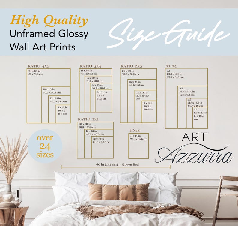 May include: A size guide for unframed glossy wall art prints. The guide shows various aspect ratios and sizes, including 61 x 76.2 cm, 40.6 x 50.8 cm, and 30.5 x 38.1 cm. The image also includes the text "High Quality" and "over 24 sizes."