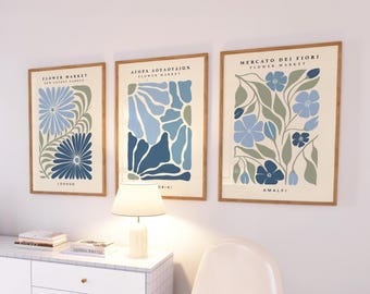 Set of 3 Flower Market Prints, Turquoise Wall Art, Navy Wall Art, London Flower Market, Trendy Sage Green Bedroom Art, Neutral Living Room