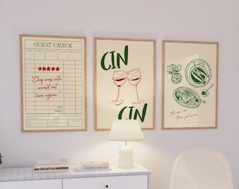Kitchen Art Prints, Wine Lover Decor, Cin Cin, Chef Quote, Set of 3