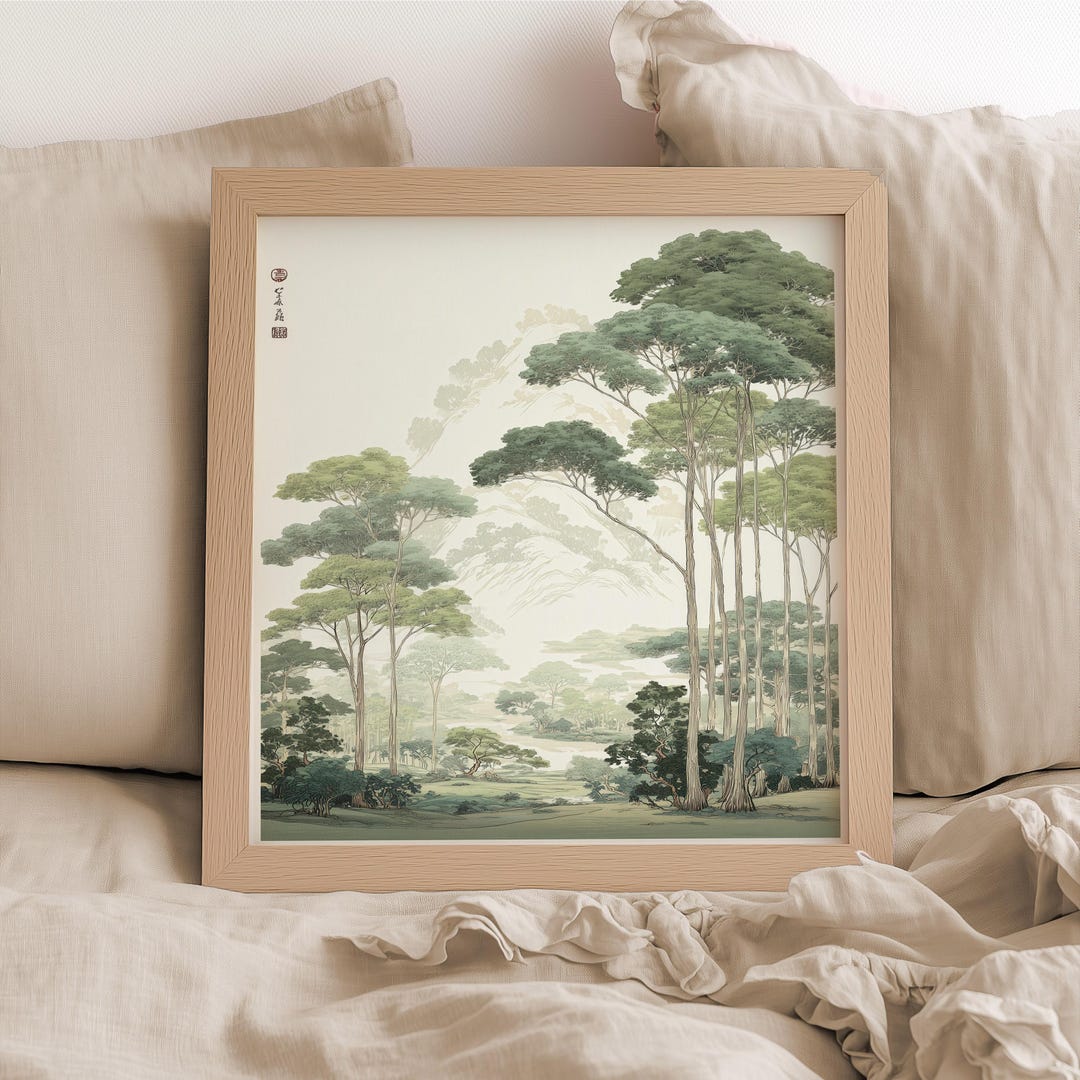 Japandi Landscape Print | Ukiyo-e Japanese Forest Art Poster | Sage ...