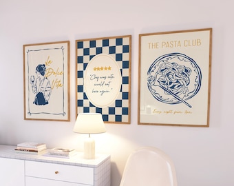 Set of 3: Navy Kitchen Prints, Dolce Vita Trendy Kitchen Wall Art, Modern Dining Room Decor, Chef Was Cute Poster, Neutral Apartment Prints