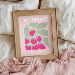 St. Tropez-print, poster Franse fruitmarkt, roze preppy slaapkamerkunst, roze muurkunst, keukenmuurkunst, trendy kunstprint, Dopamine decorkunst, poster Franse fruitmarkt, roze preppy slaapkamerkunst