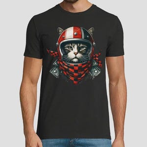 Biker Cat T-Shirt – Cool Helmet Cat Graphic Tee – Funny Motorcycle Cat Shirt for Cat Lovers
