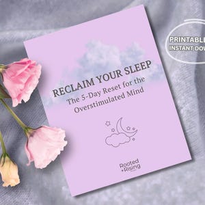 May include: A lilac-coloured printable PDF titled "RECLAIM YOUR SLEEP" with the subtitle "The 5-Day Reset for the Overstimulated Mind." The design features a cloud, moon, and star graphic. Pink flowers are in the corner.