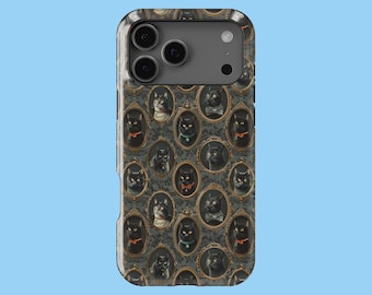 May include: A phone case featuring a repeating pattern of black cats in antique portrait frames. The cats are depicted with various accessories, set against a dark, ornate background. The case has a glossy finish and a camera module.