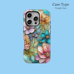 Puede incluir: Funda de teléfono con un tipo de funda resistente y un vibrante estampado floral. El diseño presenta flores estilizadas en tonos rosa, azul, naranja y turquesa. El texto "Case Type" y "Tough Case" es visible.