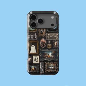 May include: Black phone case featuring a collage of framed Halloween-themed artwork. The artwork includes skeletons, ghosts, pumpkins, and bats. The case has a black border and a camera cutout.
