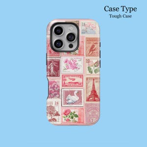 May include: A pink phone case with a collage of vintage postage stamps. The stamps feature images of flowers, birds, and landmarks, including the Eiffel Tower. The text "Case Type Tough Case" is visible.