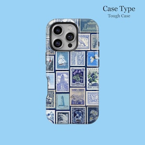 May include: A phone case covered in a collage of blue postage stamps. The stamps depict diverse imagery, such as ships, buildings, and flowers. The case is labelled "Case Type Tough Case".
