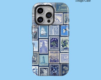 Funda para teléfono con collage de sellos de álbum de recortes azul vintage para iPhone 16, 15, 14, 13, 12 y 11 Pro Max, resistente y con MagSafe para Galaxy S25, S24, S23, S22 FE Plus Ultra