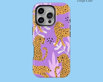 May include: A tough phone case with a purple background featuring a repeating pattern of cheetahs with yellow spots and white leaves. The text "Case Type Tough Case" is printed in black on the top right corner.
