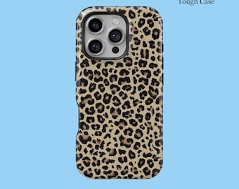 May include: A tough phone case with a tan leopard print design. The case has black edges and a camera cutout. The text "Case Type" and "Tough Case" are printed on the top of the case.