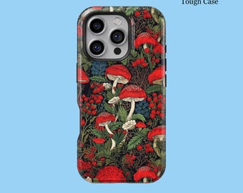 Forest Red Mushrooms And Flowers Phone Case For iPhone 16 15 14 13 12 11 8 Pro Max Tough MagSafe Samsung S25 S24 S23 S22 S21 FE Ultra Cover
