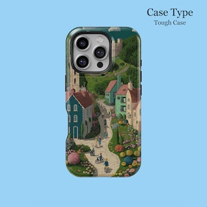 Può includere: Custodia per telefono resistente con un'illustrazione dettagliata di una pittoresca scena di villaggio con edifici colorati, una strada tortuosa e persone. Il testo "Case Type Tough Case" è visibile.
