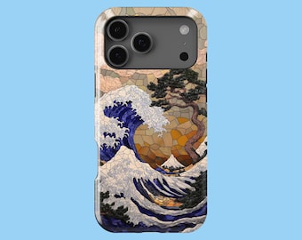 May include: A phone case featuring a stained-glass style depiction of Hokusai's "The Great Wave off Kanagawa." The design includes a large blue wave, a mountain, and a tree against a mosaic background. The case has a glossy finish.
