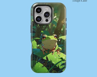 Cute Frog Green Aesthetic Cover For iPhone 16 15 14 13 12 11 XS XR 8 7 Pro Max Tough MagSafe Galaxy S25 S24 S23 S22 S21 FE Plus Ultra Cover