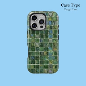 May include: A tough phone case with a mosaic tile design in shades of green, blue, and gray. The case has a glossy finish and features a camera cutout. The text "Case Type" and "Tough Case" are printed on the top.