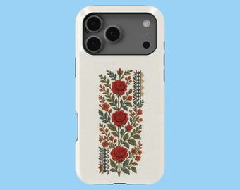 刺繍入りボヘミアン風シンプルローズスマホケース iPhone 17 16 15 14 13 12 11 Air Pro Max タフ MagSafe Samsung S25 S24 S23 S22 S21 Ultra ケース
