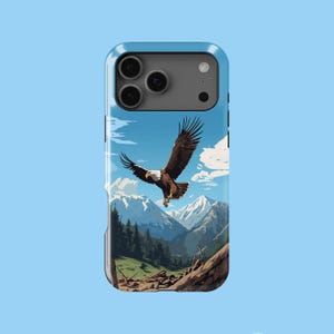 May include: A phone case depicting a bald eagle soaring over a mountain landscape under a blue sky with clouds. The eagle has brown and white feathers. The case has a blue border.