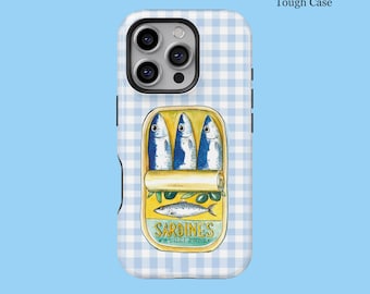 Retro Sardine Can and Blue Fun Gift for Food Lovers For iPhone 16 15 14 13 12 11 8 Pro Max MagSafe Galaxy S25 S24 S23 S22  Ultra Custom Case